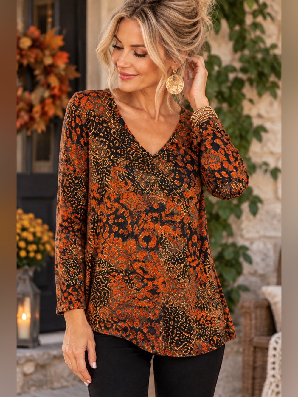 Peter Nygard Orange Black Animal Print Metallic Gold V-Neck Top M